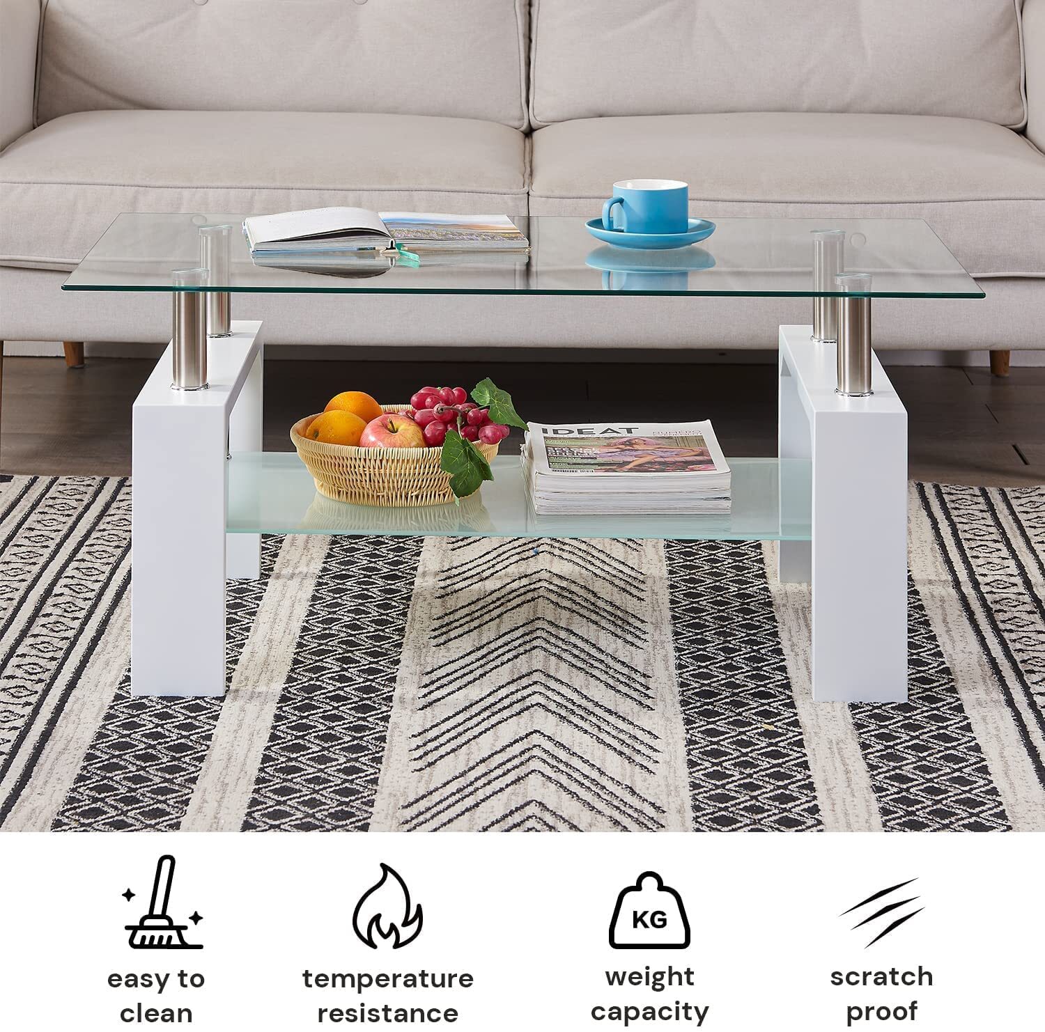 Modern Side Center Tables Rectangle Coffee Table Glass Living Room With Shelf