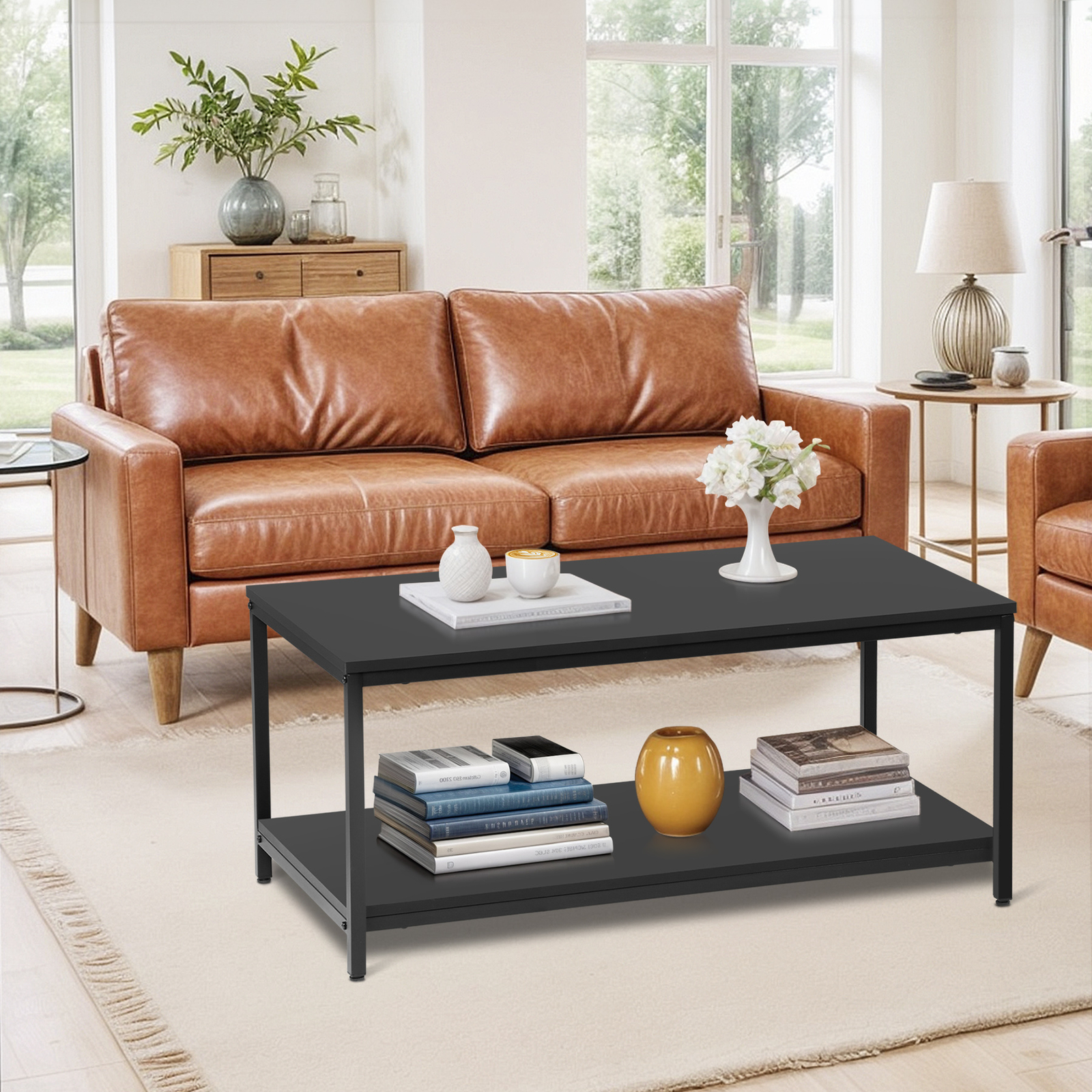 Quick Assembly All Black Coffee Table With Dual Tier Design For Elegant Homes