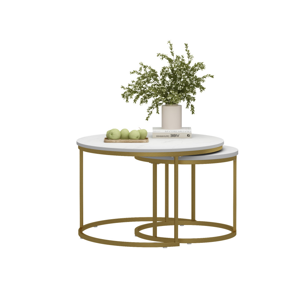 Nesting Coffee Table Set of 2, Round Marble Top with Metal Frame, White