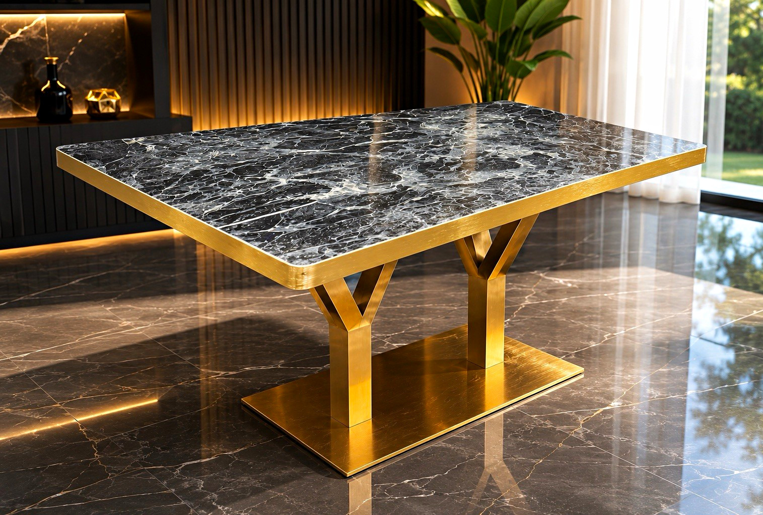 Rectangular Black Marble Top Dining Table Gold Metal Base 47x30x35.5 in