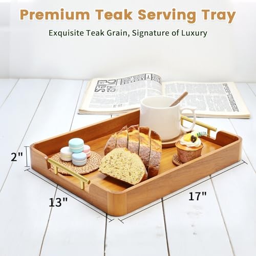 Solid Teak Wood Serving Tray with Handles, 17″x13″x2″ 17″ x 13″ x 2″