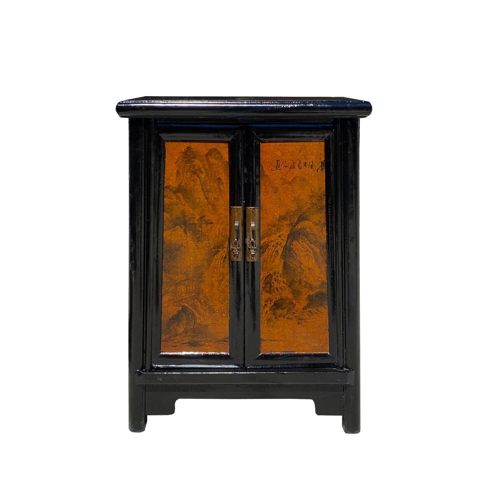 Chinese Distressed Black Yellow Scenery Graphic End Table Nightstand cs7348
