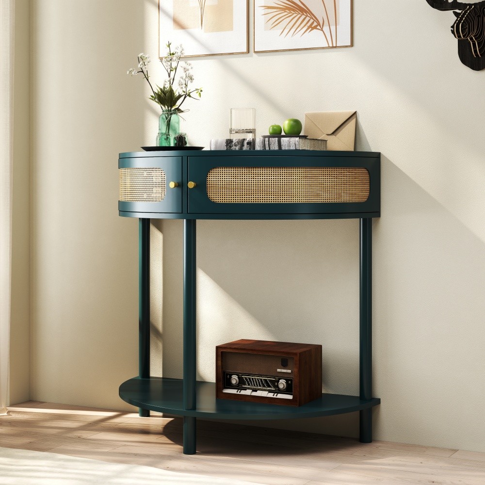 Unique Half Moon Design End Table with Sliding Rattan Door,Elegant Semi-circle