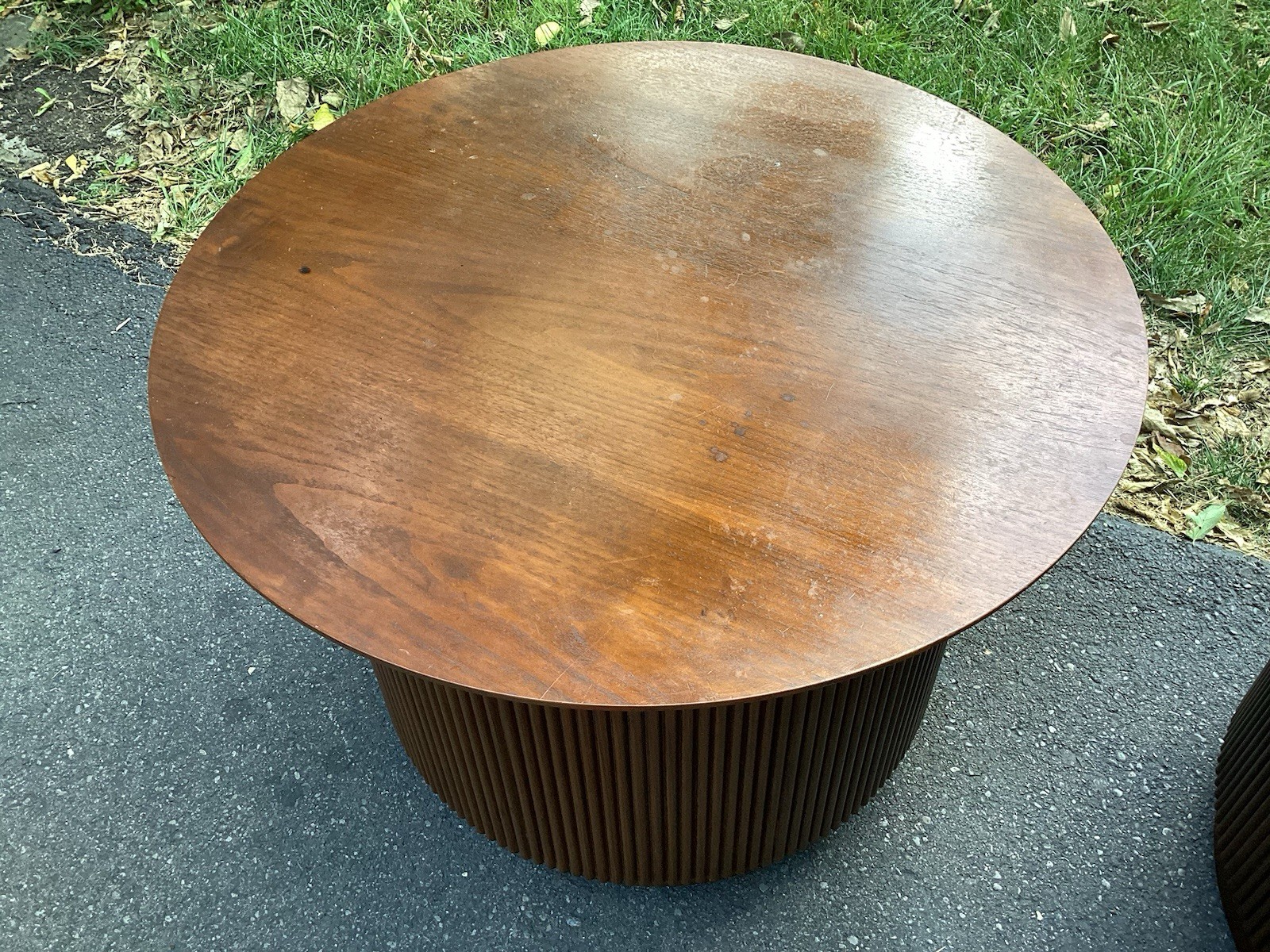 LANE First Edition MCM Mid Century Round Cabinet End Tables, Nightstands, A Pair
