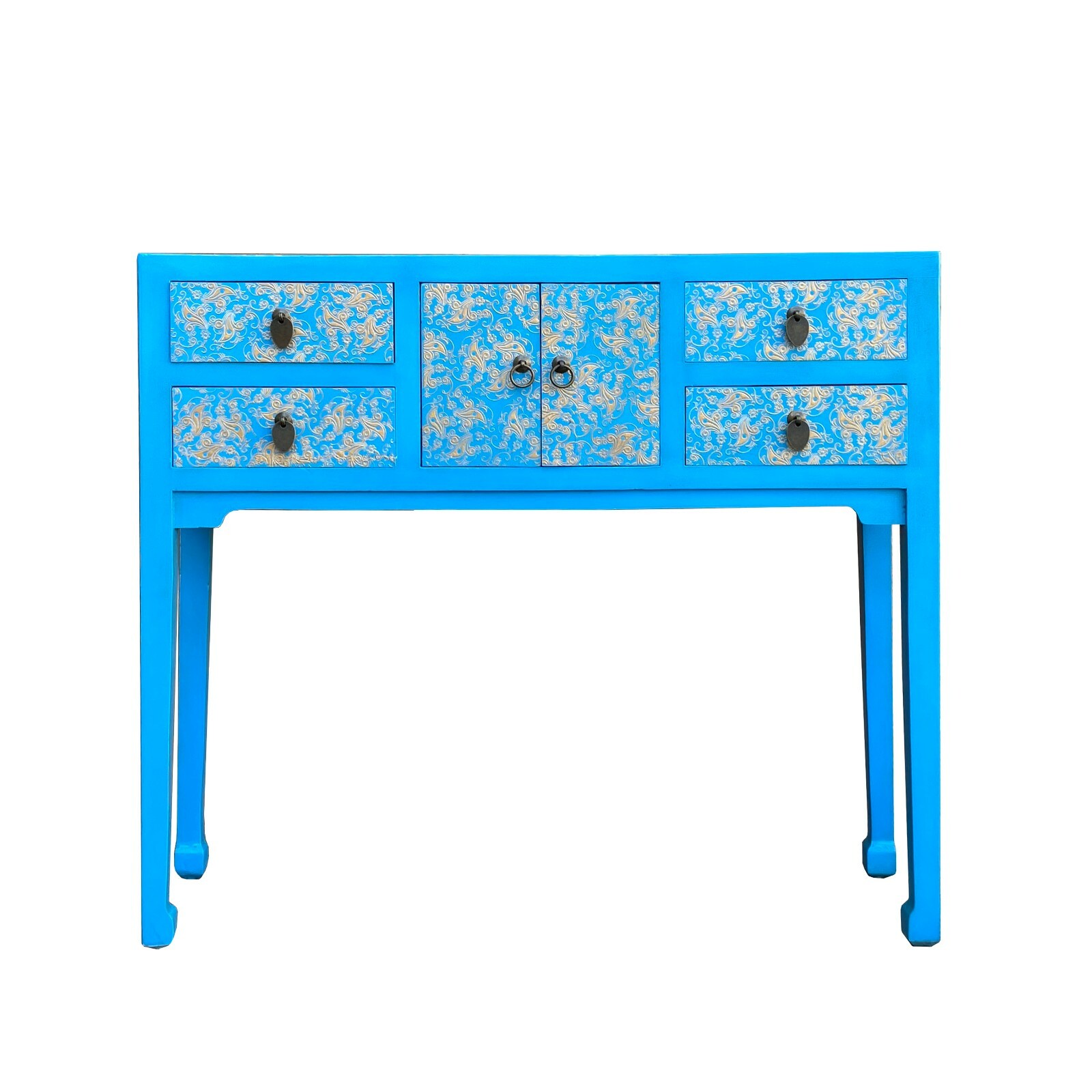 Bright Blue Lacquer Golden Flower Graphic Drawers Slim Foyer Side Table cs7146
