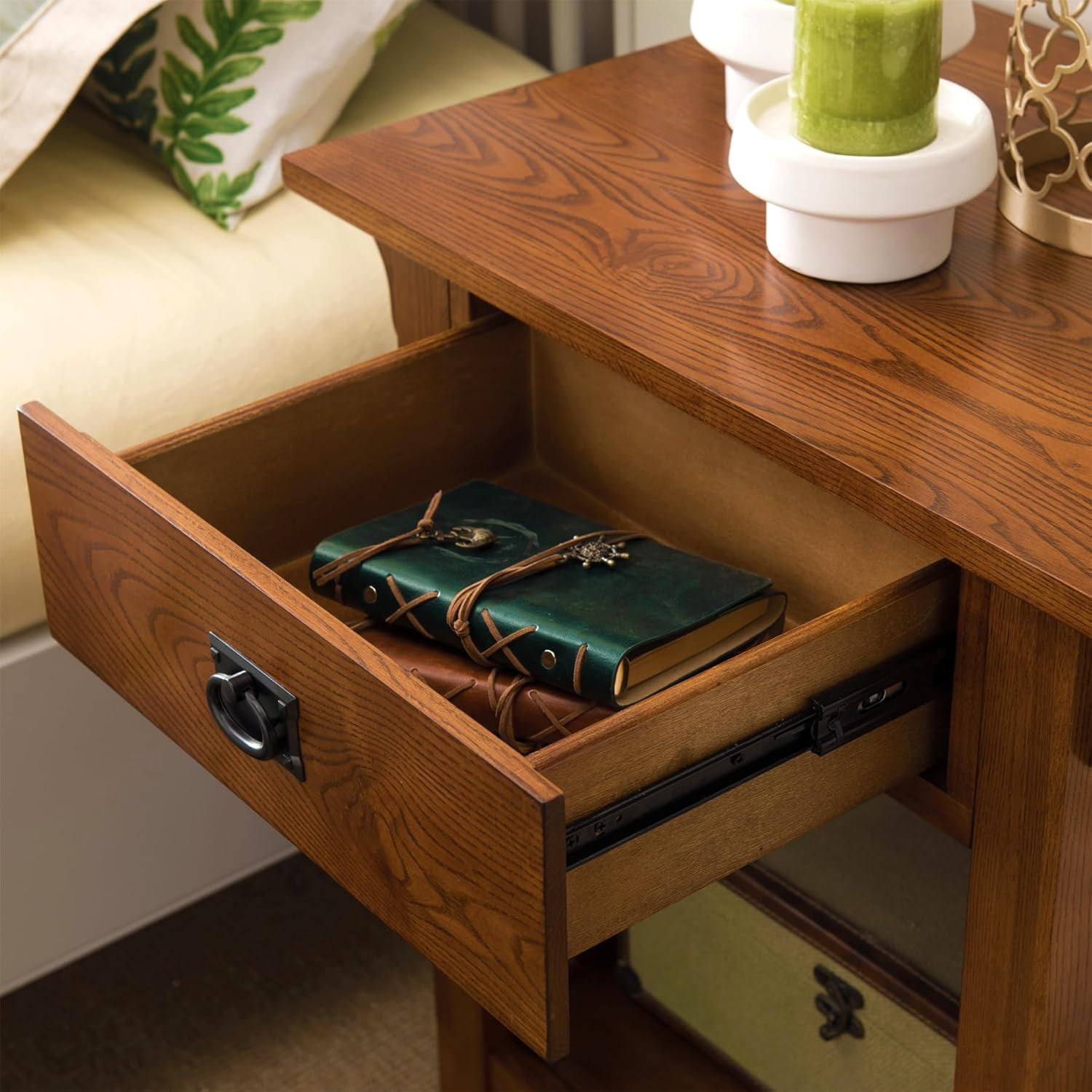 Solid Wood End Table with Drawer – Medium Oak Finish Nightstand for Living Room