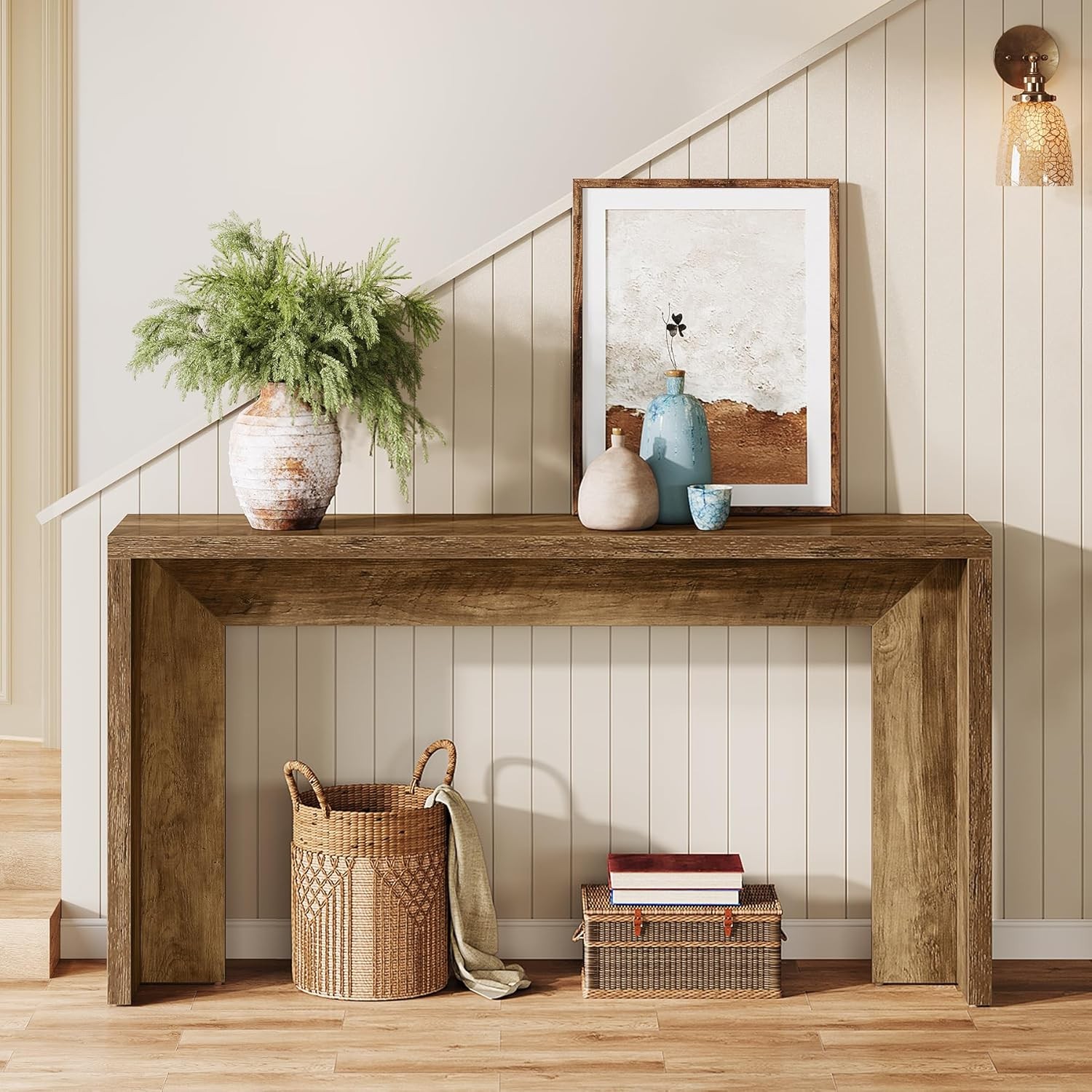 55-Inch Farmhouse Console Table, Wooden Sofa Table with Storage for Entryway