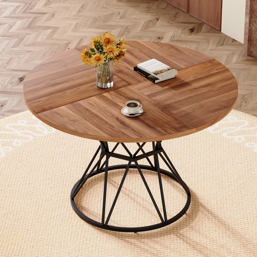 47.3″ Circular Dining Table, Walnut MDF Top, Black Hourglass Metal Base, for 4-6