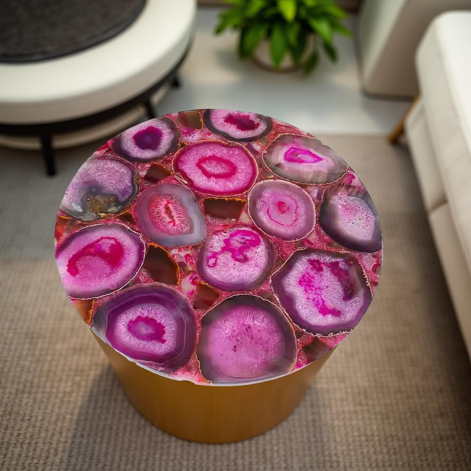 Pink Agate Round Coffee Table | Handmade Gemstone Side Table for Living Room