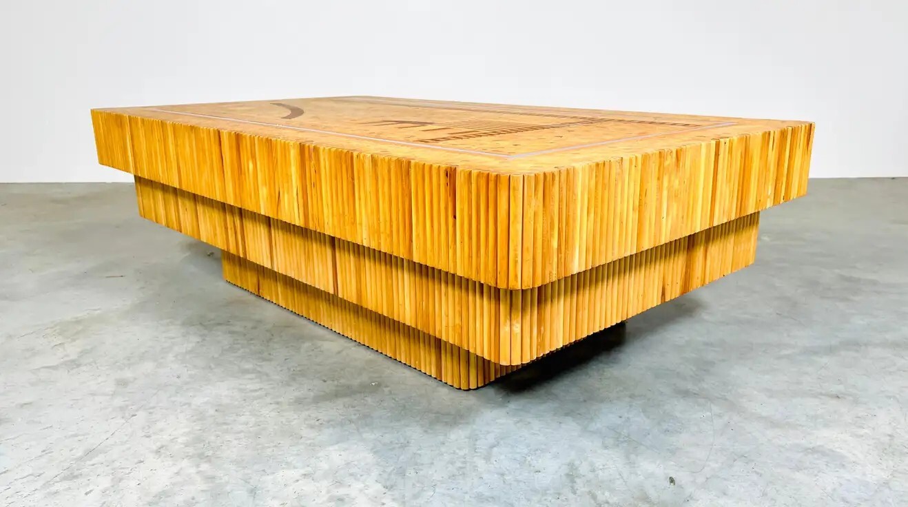 Patterned Marquetry Scenic Organic Doweled Teak Coffee Or Cocktail Table