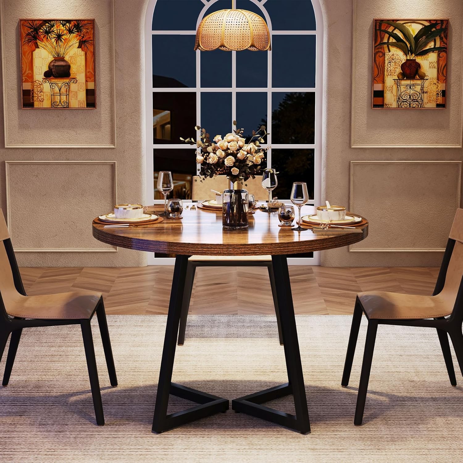 Round Dining Table for 2, 31.5″ Industrial Small Kitchen Table with Metal Base