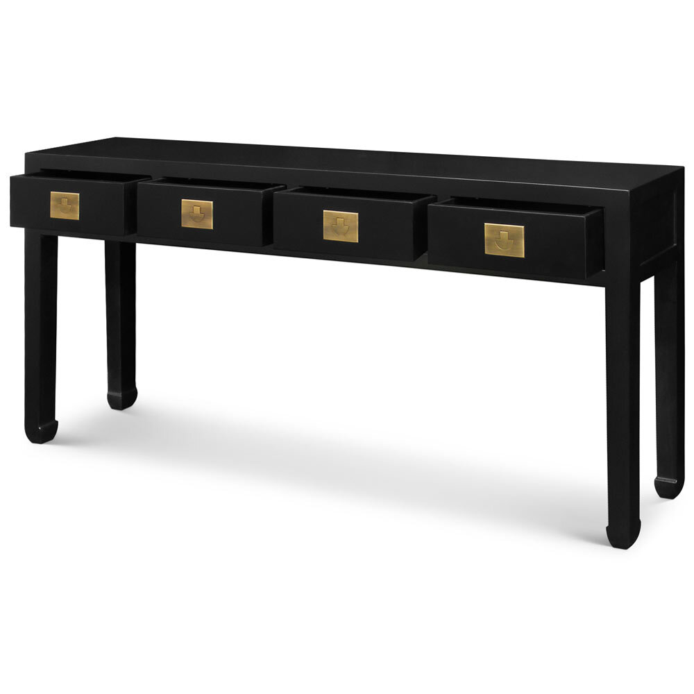 US Seller – Matte Black Elmwood Chinese Ming Console Table with 4 Drawers