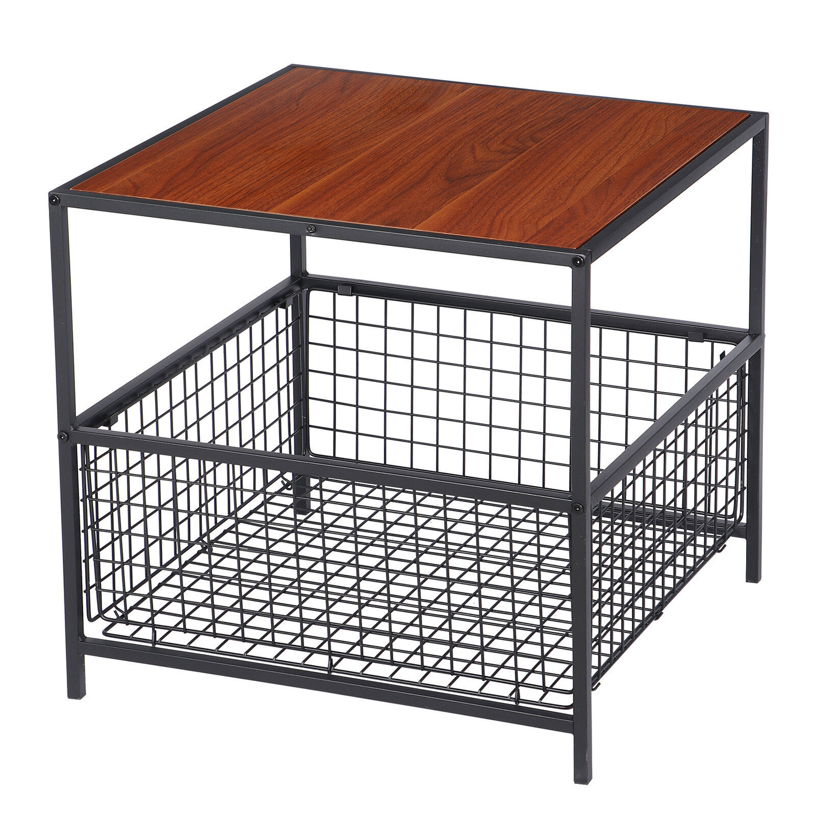 20″ End Table w/ Storage Basket Sofa Coffee Side Table Metal Frame Red Mahogany