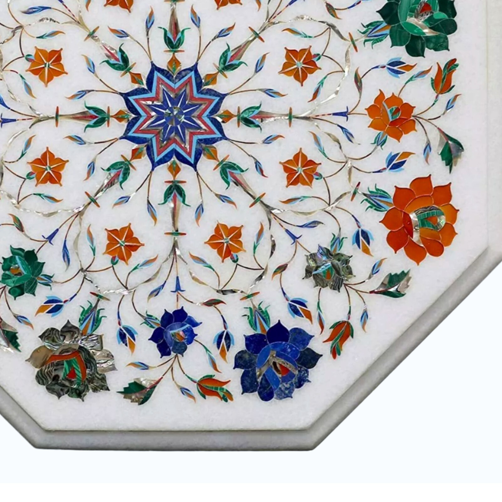 Multicolor Gemstone Inlay Work End Table Top White Marble Coffee Table