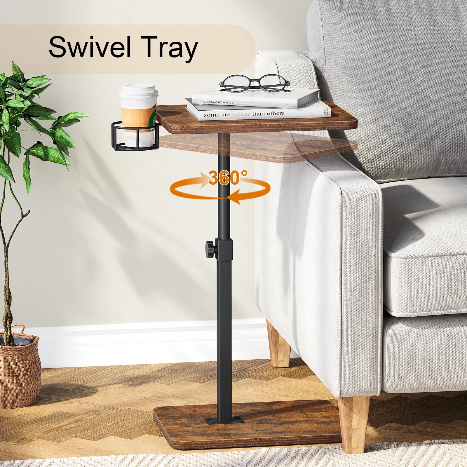Giikin TV Tray Table, 360° Swivel 11.8″ D x 15.8″ W x 31″ H, Rustic Brown