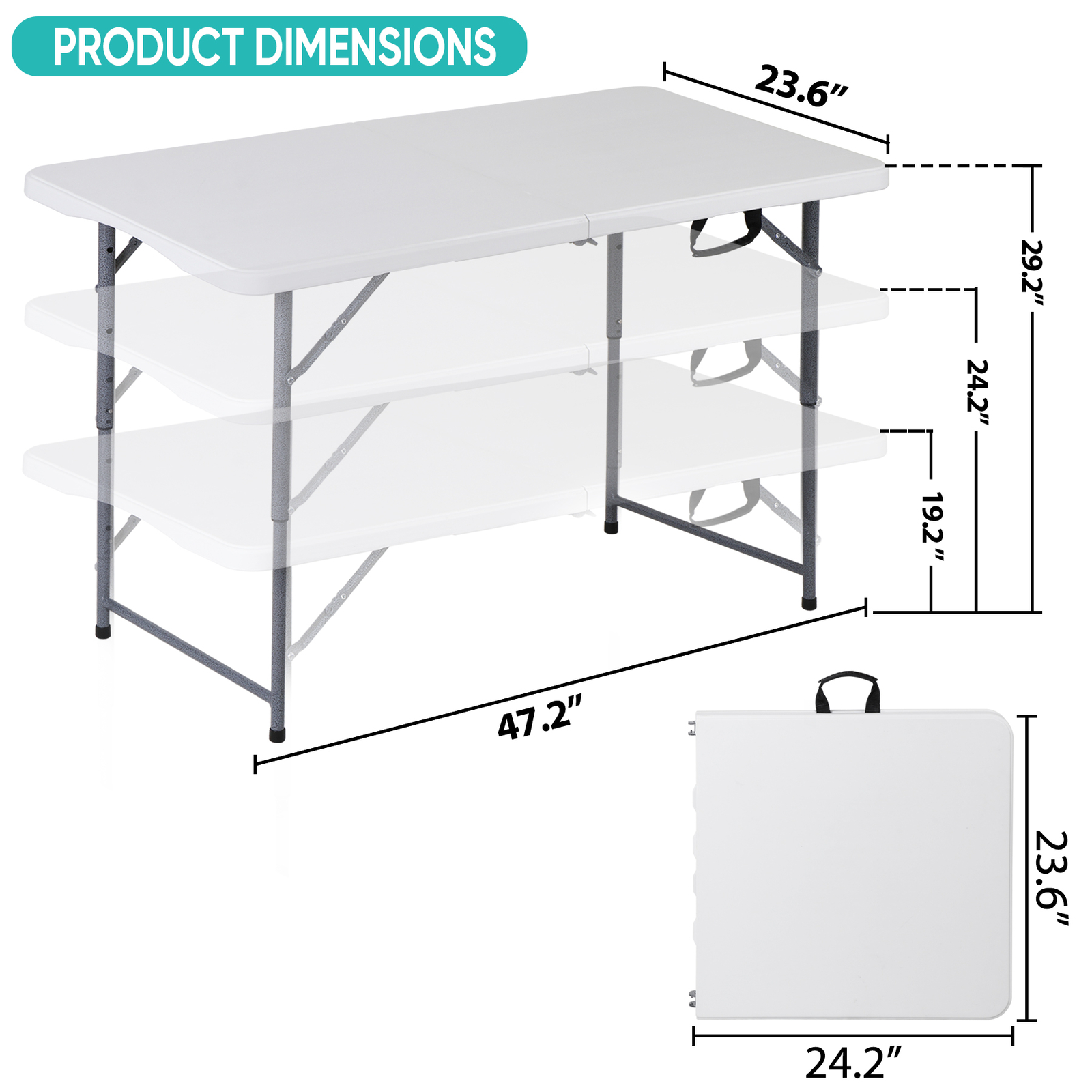 Folding Table Adjustable 4FT Plastic Table Picnic Camping w/Carry Handle White