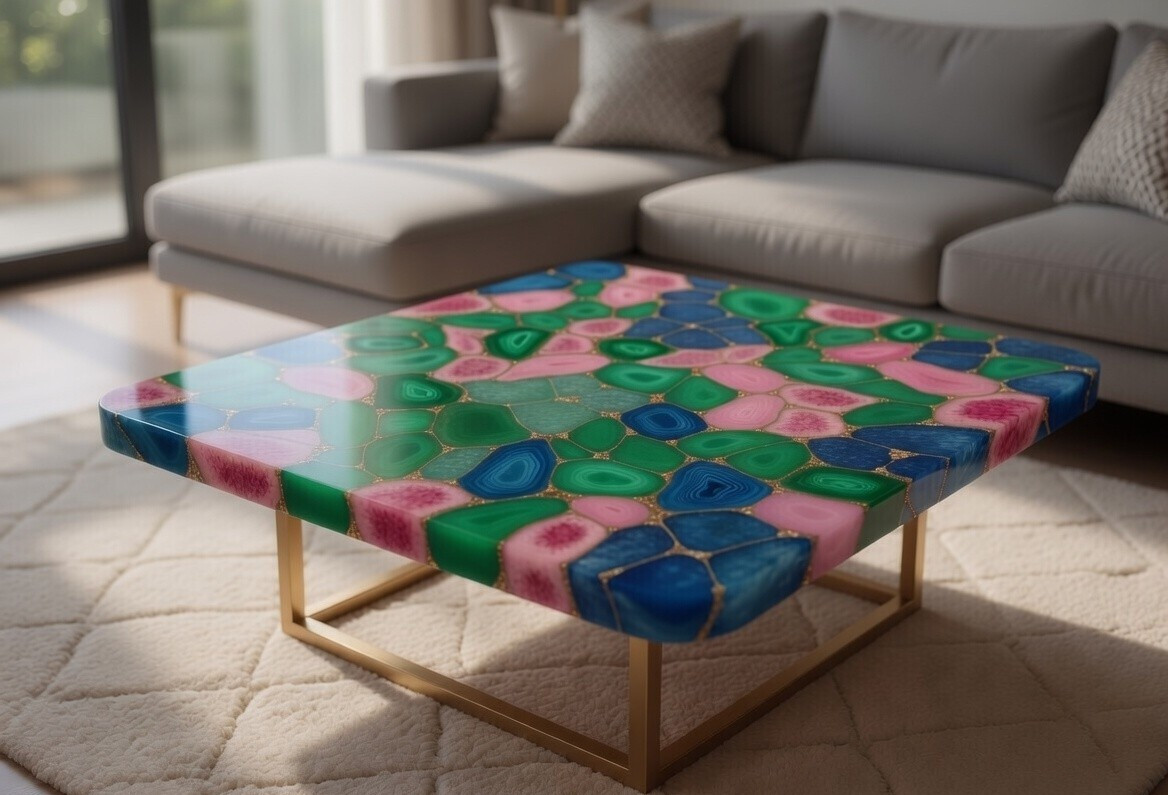 Luxury Multicolor Agate Coffee Table – Handmade Gemstone Center Table for Home