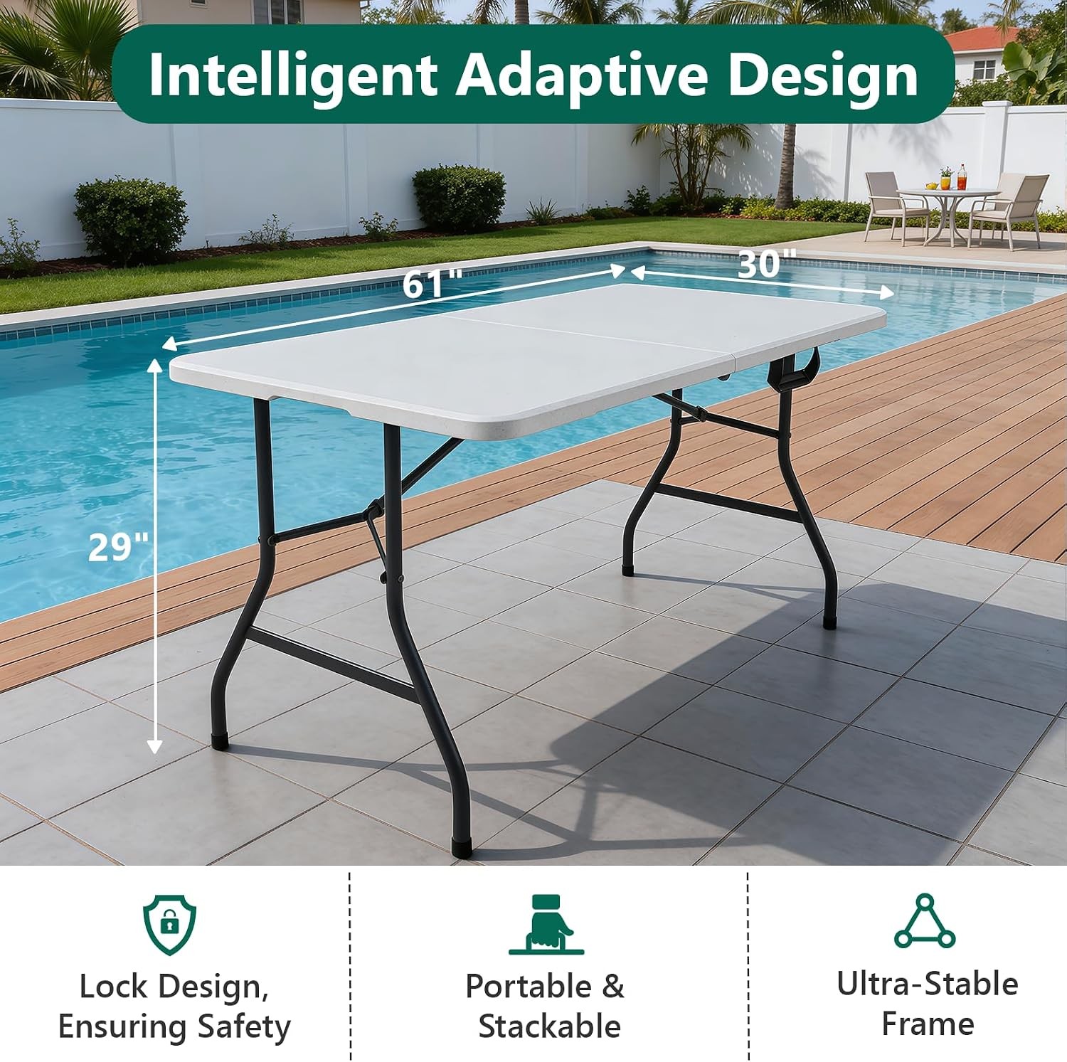 Folding Table 1 Pack, 5FT Folding Table Portable with Built-in Handle, Heavy Dut