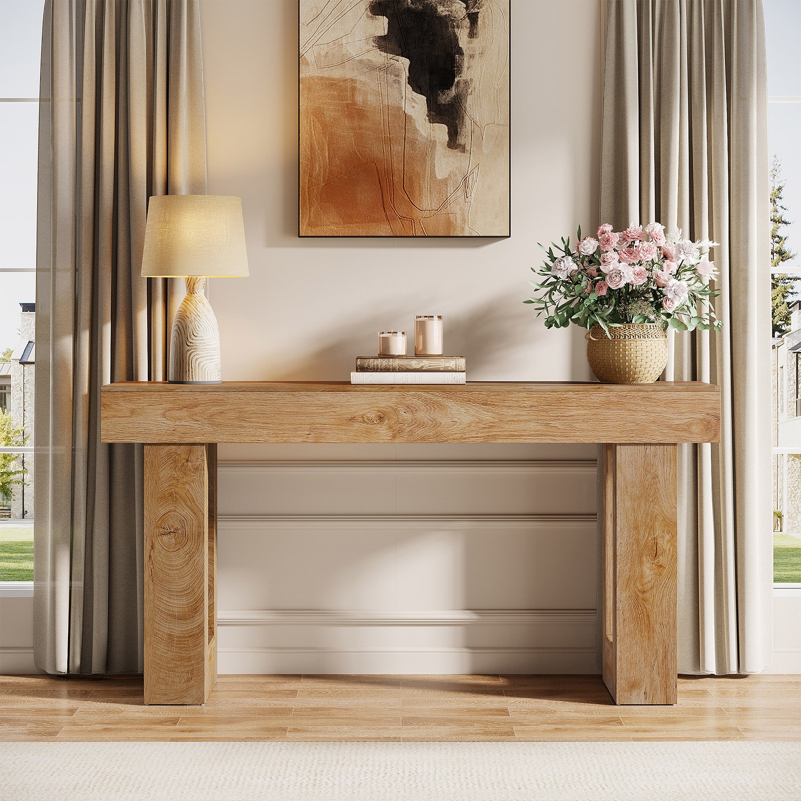 63” Long Console Table, Farmhouse Wooden Entryway Sofa Table for Living Room