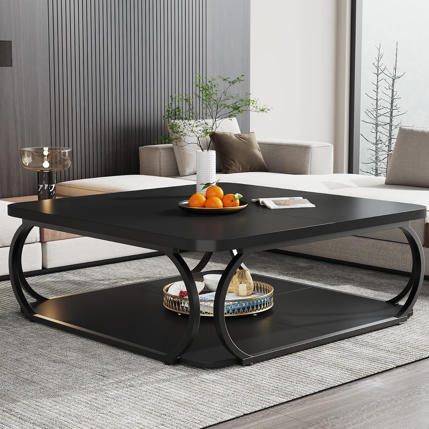39″ Square Coffee Table with Open Storage Shelf, 2 Tier Large Wood Center Table