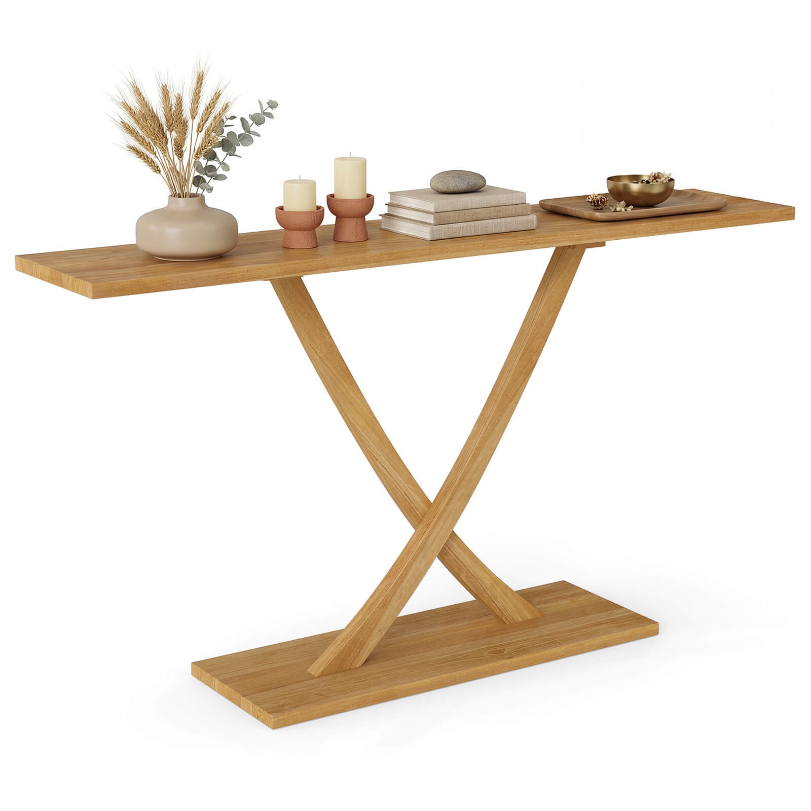 57″ Solid Wood Console Table, Narrow Farmhouse Sofa Table w/ Teak Wood Frame