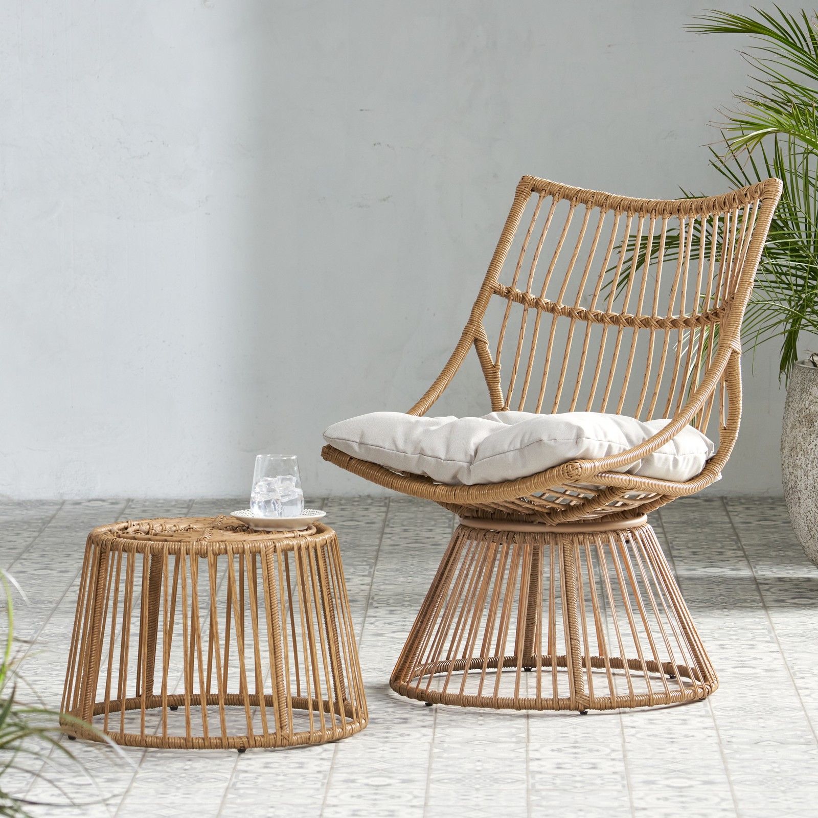 Chair & Side Table Set, Faux Rattan, Light Brown