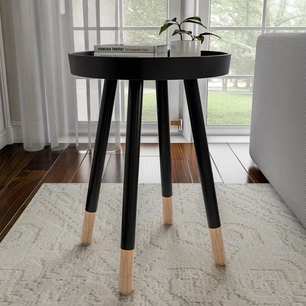 Black 17 In. round End Table, Wooden Mid-Century Modern Stand with Tray Top to D