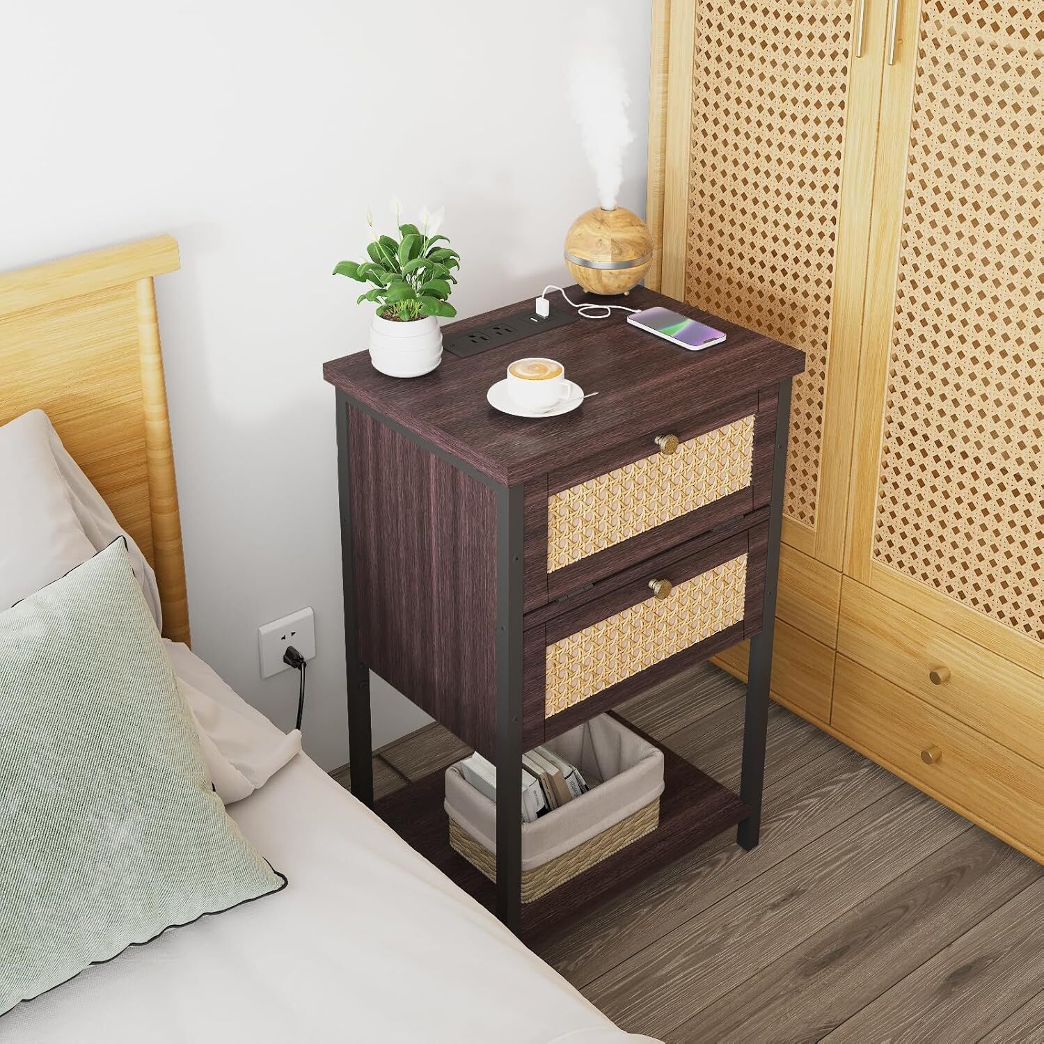 End Table with Charging Station, 2 Tier Rattan Decorated Cherry Red
