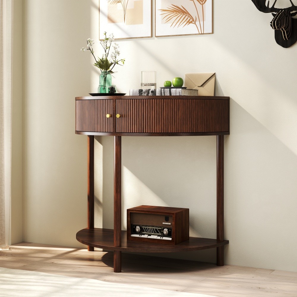 Side Table Wood Grain Finish Handcrafted Features Two Drawers Bottom Shelf