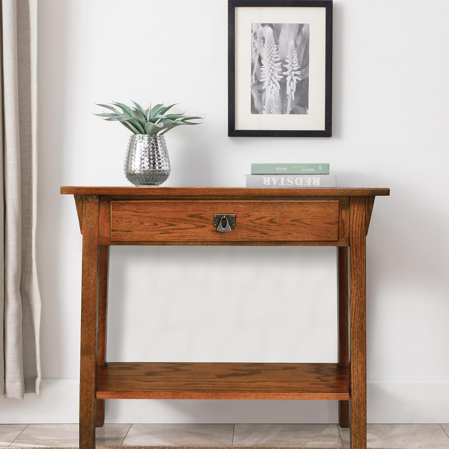 Narrow Mission Console Table with Drawer & Shelf, Solid Wood, Russet Finish