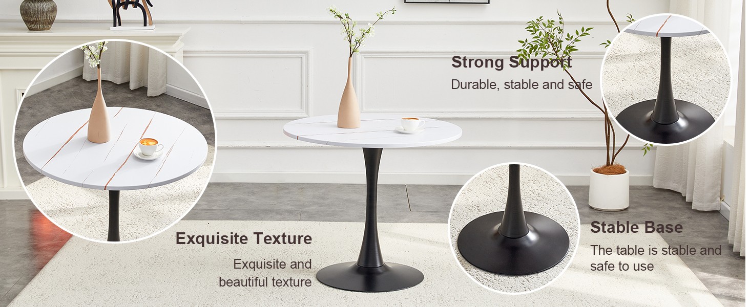 31.5″ Round Tulip Dining Table White MDF Top Metal Pedestal Base