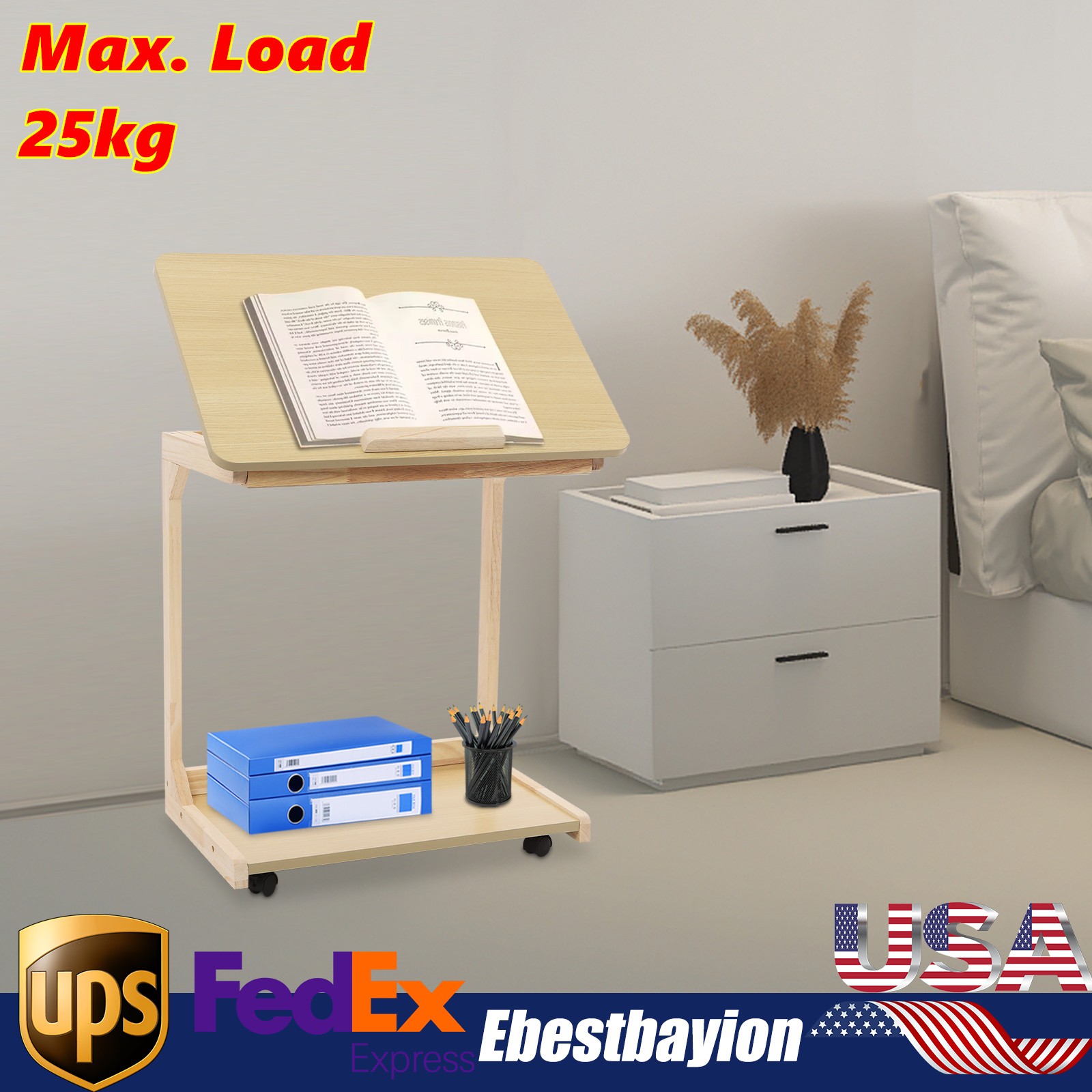 C Shaped End Table 23.62*15.75*24.8in Sofa Table Adjustable Tilt Angle W/ Wheels