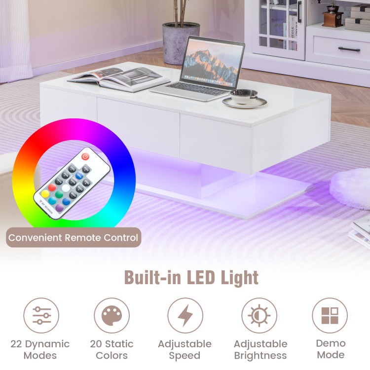LED Coffee Table with 20 Color Lights, 2 Drawers, High-Gloss Finish