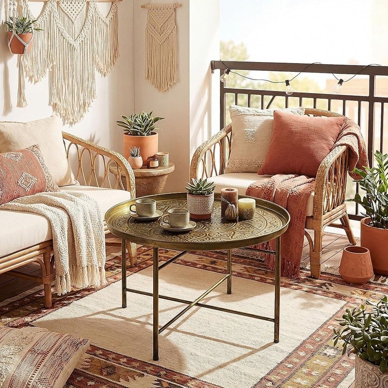 Handmade Metallic Round Coffee Table W/ Floral Pattern Living Room Use