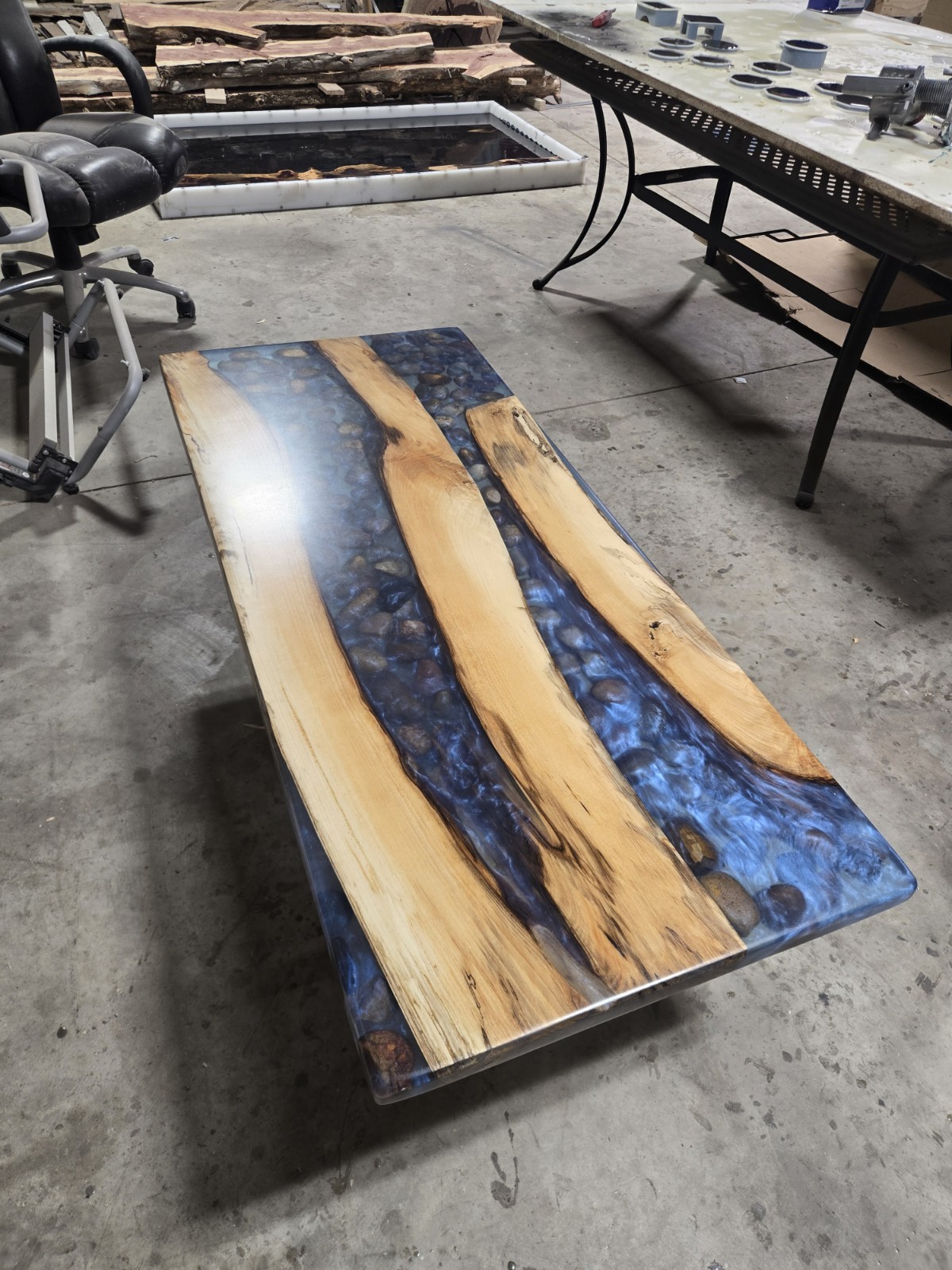 Live Edge Wood & Blue Resin River Coffee Table, Black Metal Legs, Glossy Finish