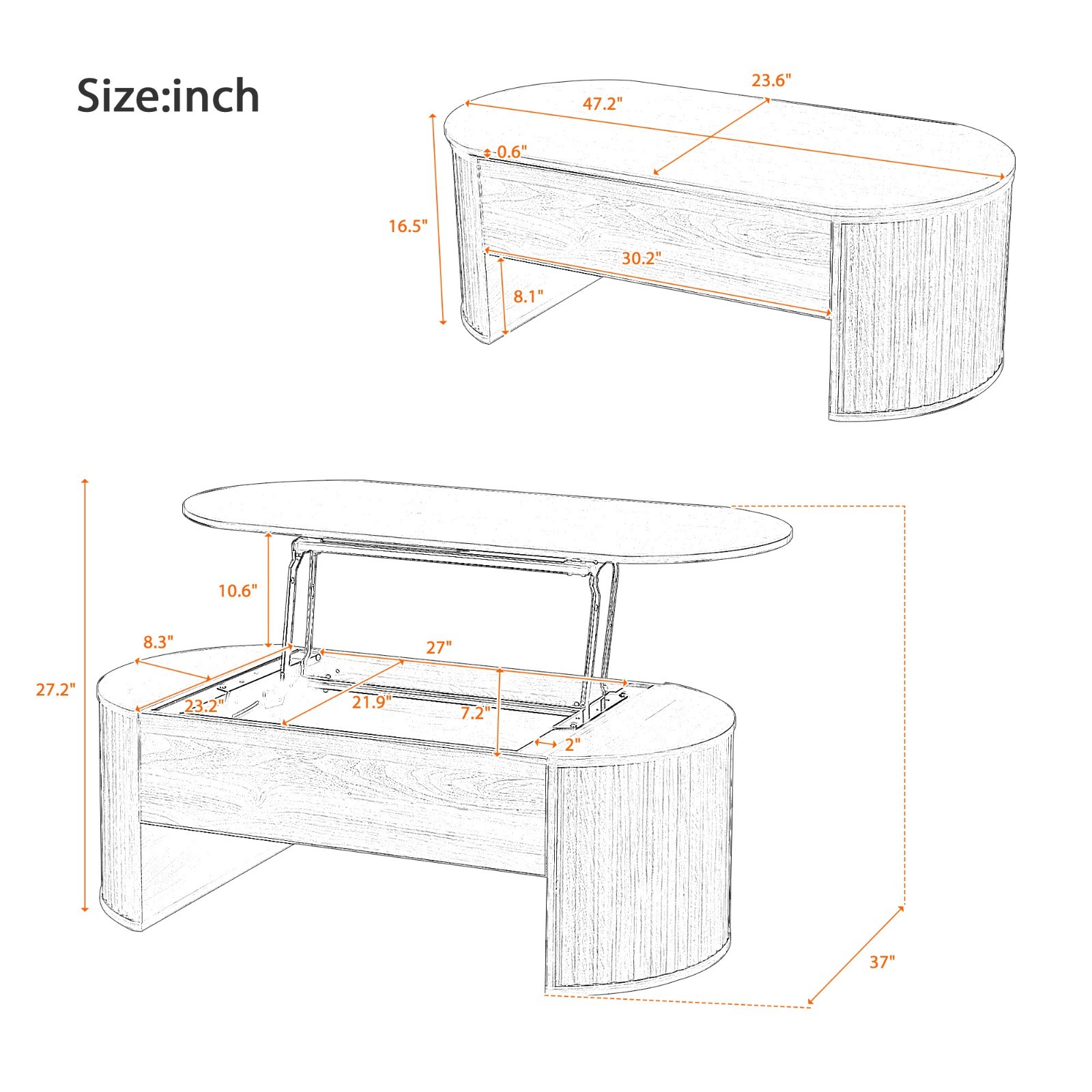 Modern Oval Lift-Top Coffee Table Center Table w/ Hidden Storage For Living Room