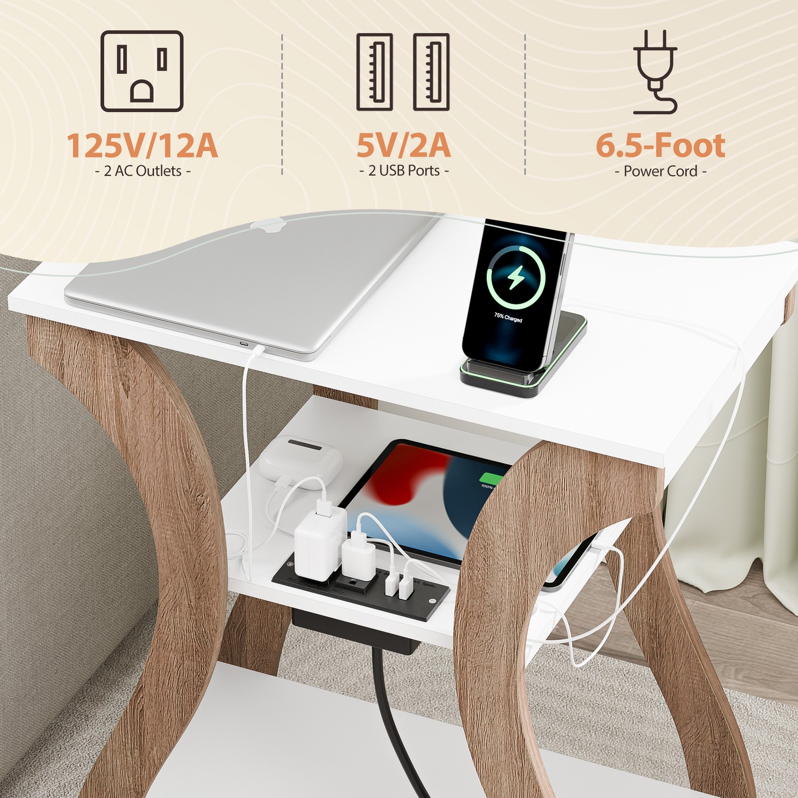 3 Tier End Table w/ USB Charging Station White Storage Shelf for Living Room 2X