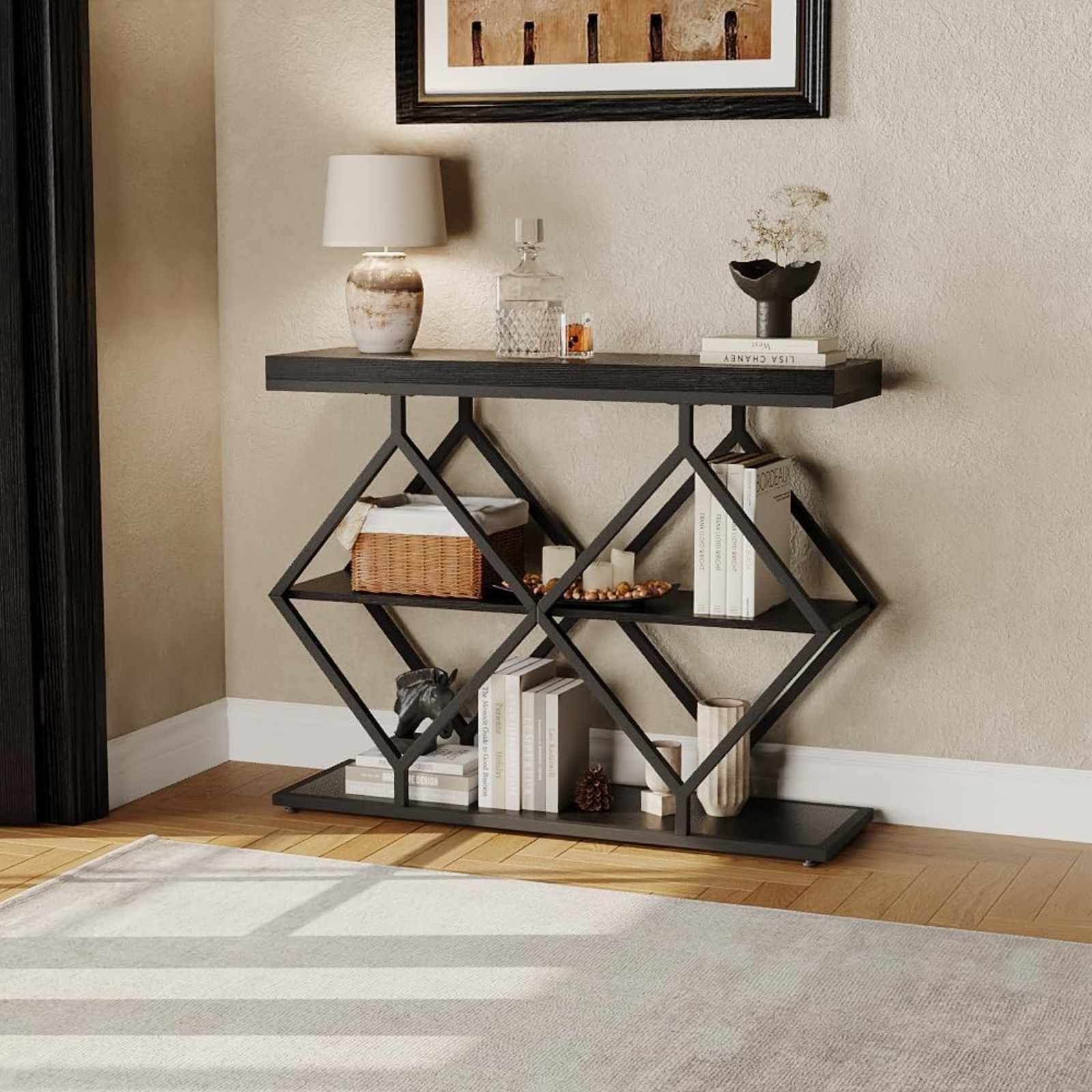 39 In 3 Tier Narrow Console Table Storage Diamond Shaped Metal Frame Sofa Table