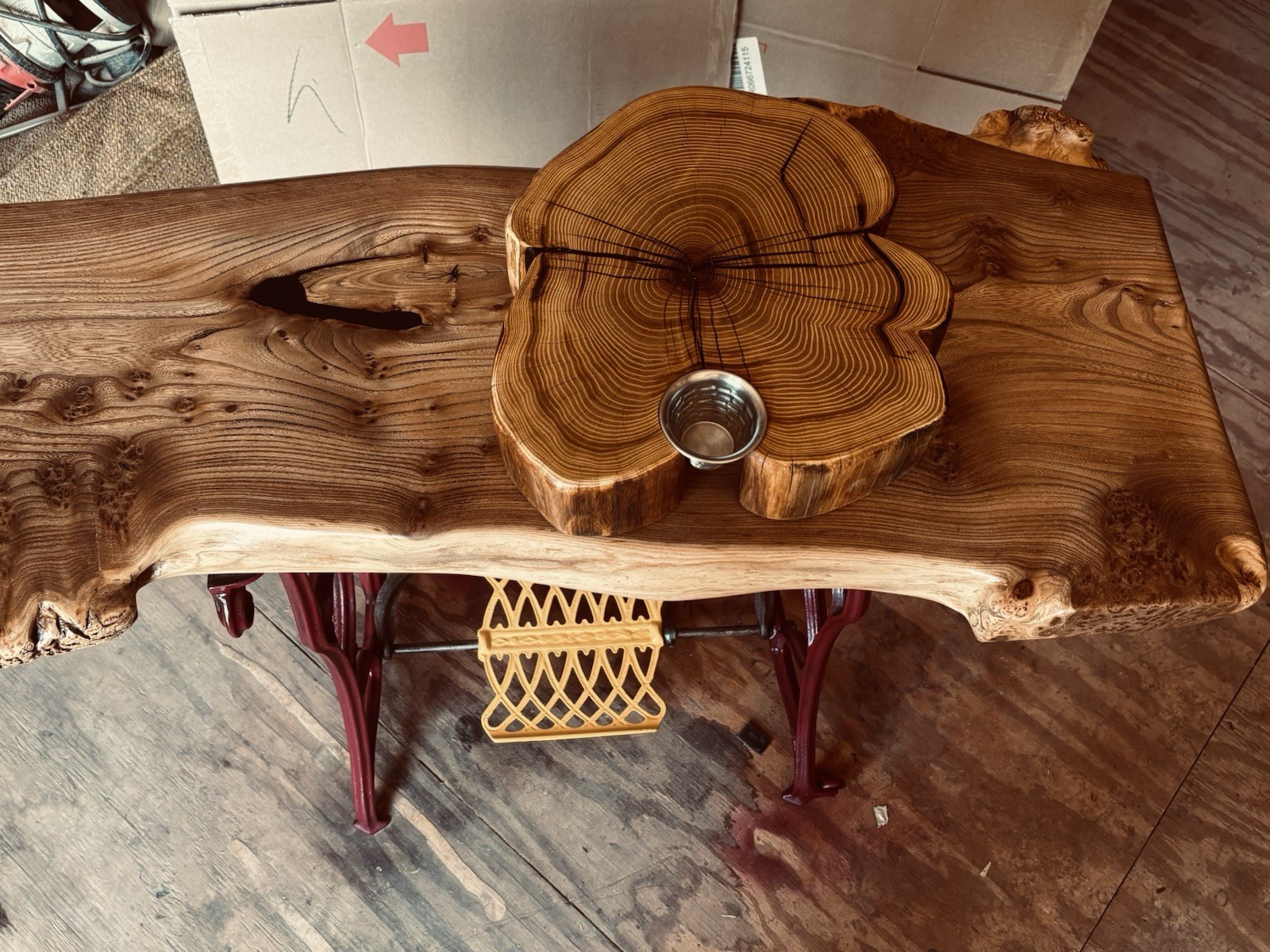 Handcrafted Live Edge Wood End Table Red Elm Burl Cast Iron Antique Style