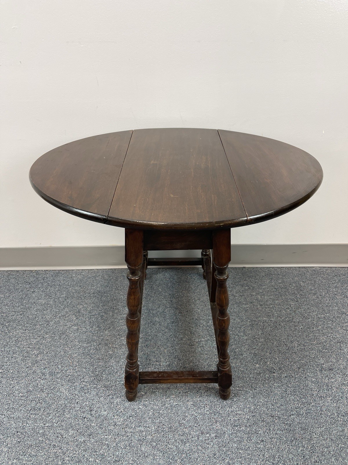 vintage Wood Square to Round Table with Fold Down Wings & Spool Legs – 21.25″ hi