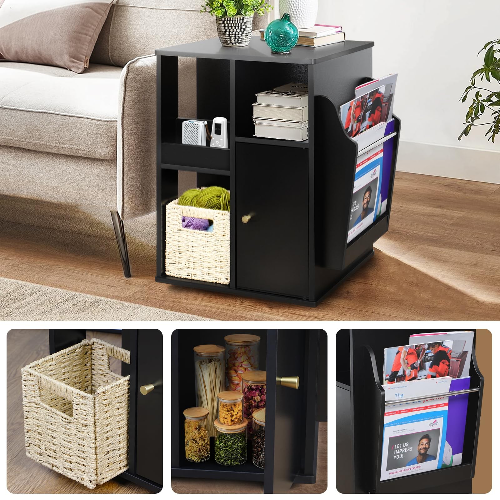 Rotating End Table with Storage Square Rotating Side Table Living Room Side Ta