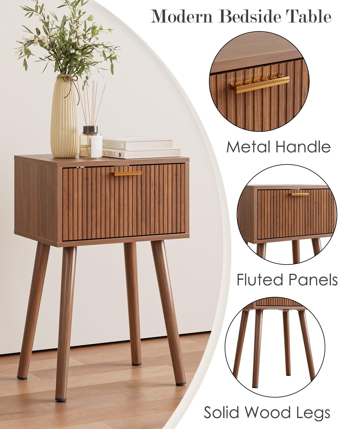Night Stand Set 2, Walnut Nightstand with Fluted Doors, Small Modern MidCentu…