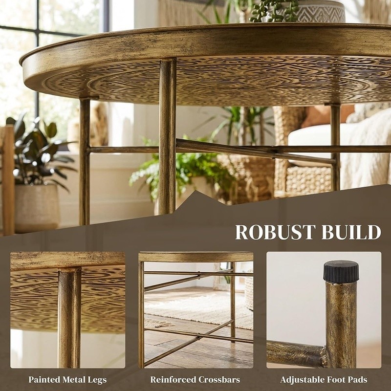 Handmade Metallic Round Coffee Table W/ Floral Pattern Living Room Use