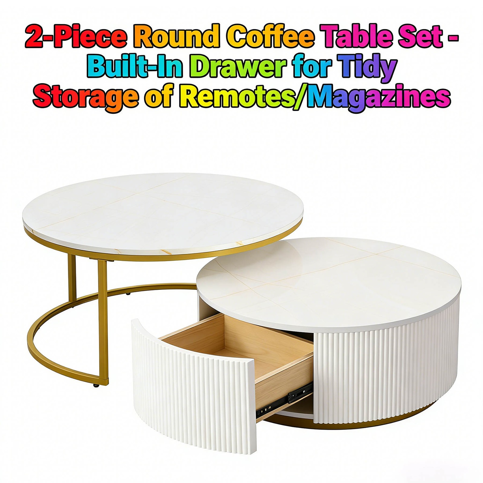 Round Nesting Coffee Table with Grooved Drawers