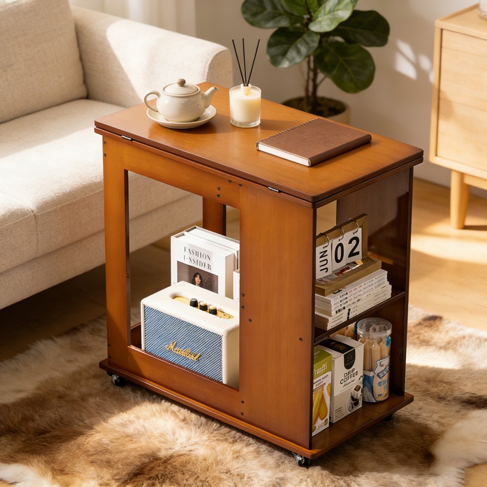 Folding Edge Table With Movable Storage, Bamboo Foldable Tabletop for Beds Sofas