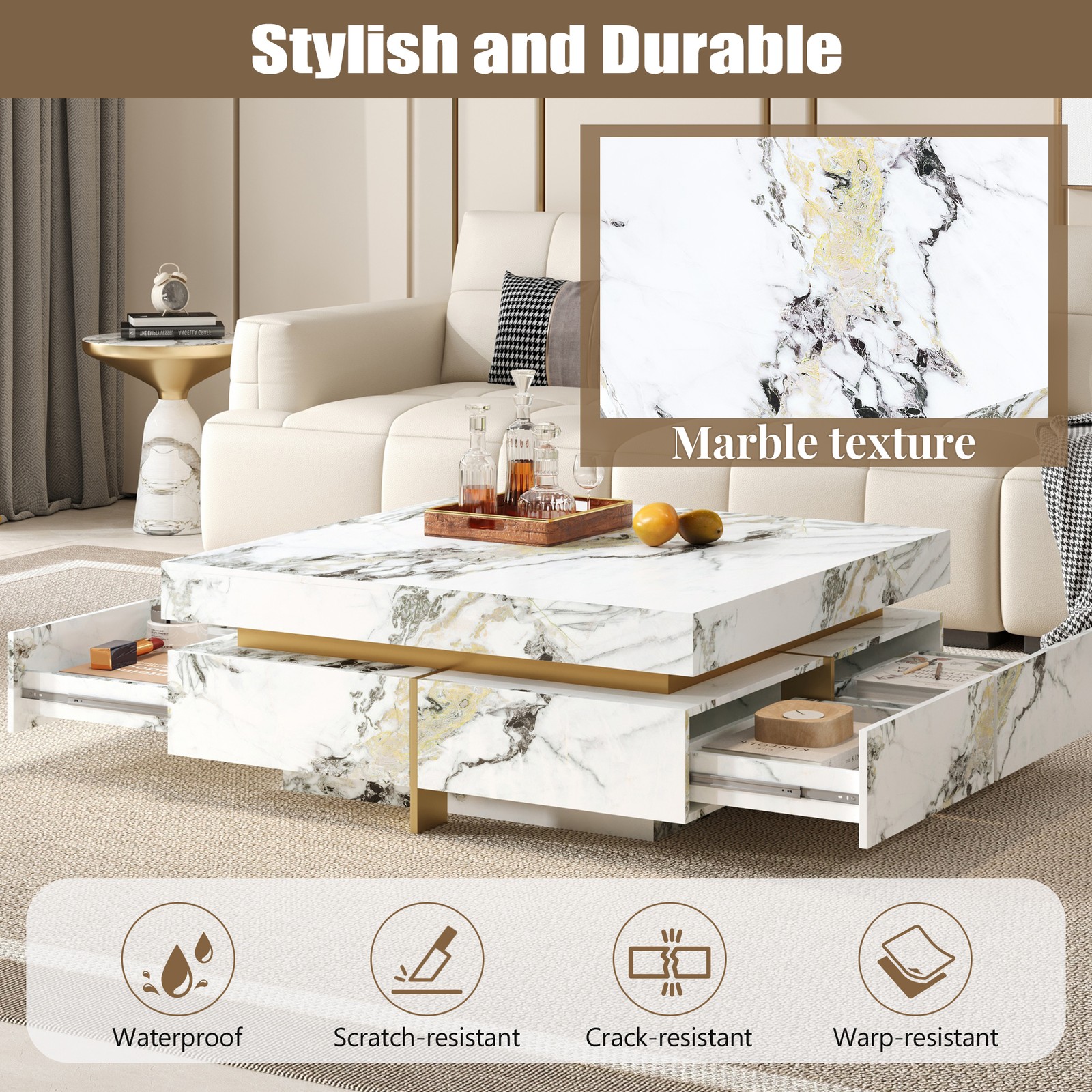 Modern White Square Marble Coffee Table with 4 Drawers, 43.3″