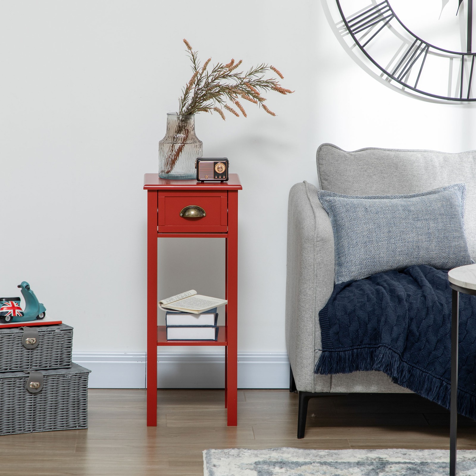 2-Tier Side Table with Drawer Shelf, End Table, Red Refurbished