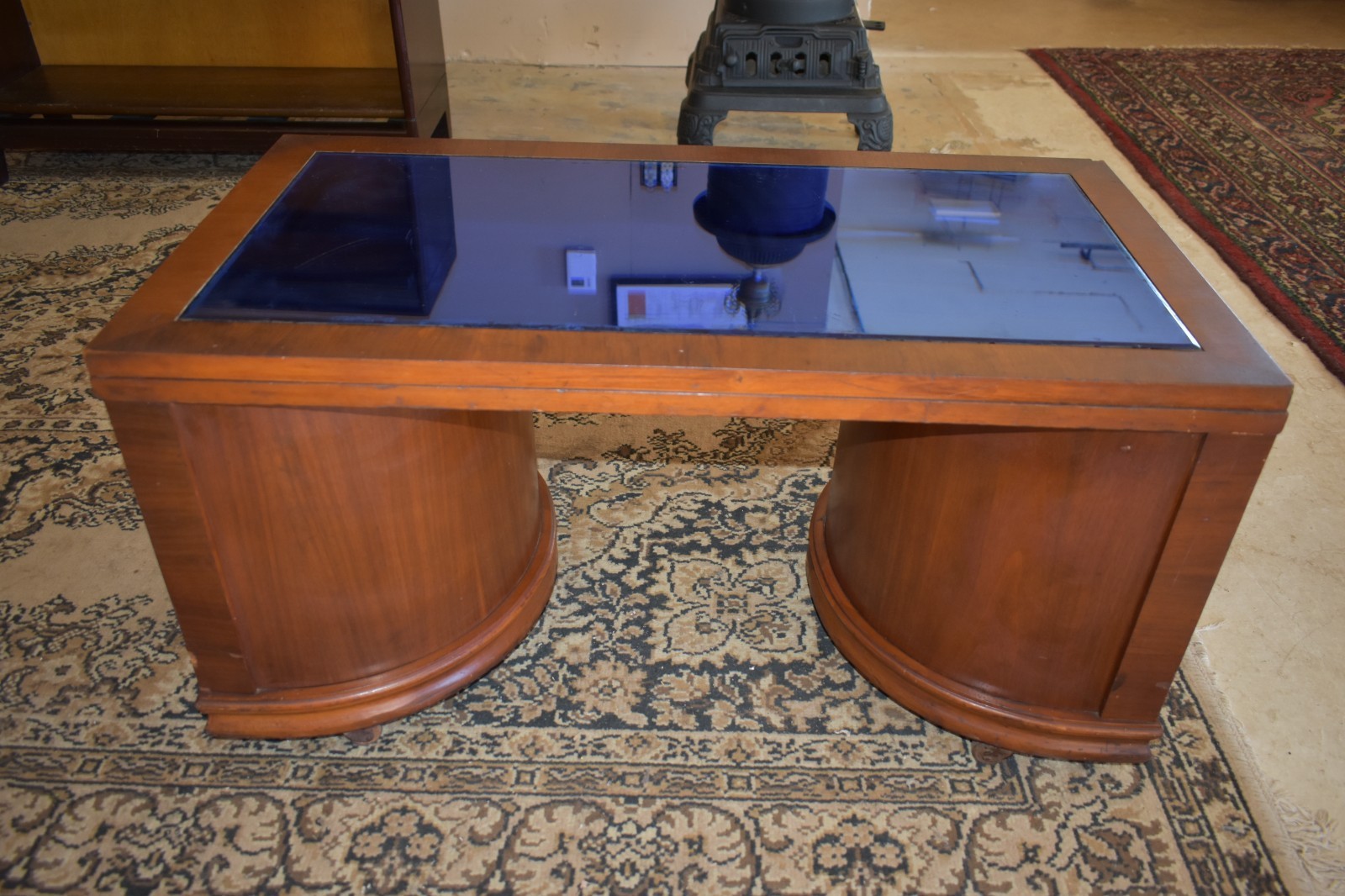 Art Deco Coffee Table Blue Tinted Glass Top Vintage Furniture
