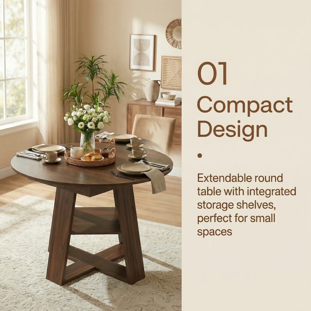 43-59″ Extendable Round Dining Table, Walnut, Space-Saving with Storage Shelf