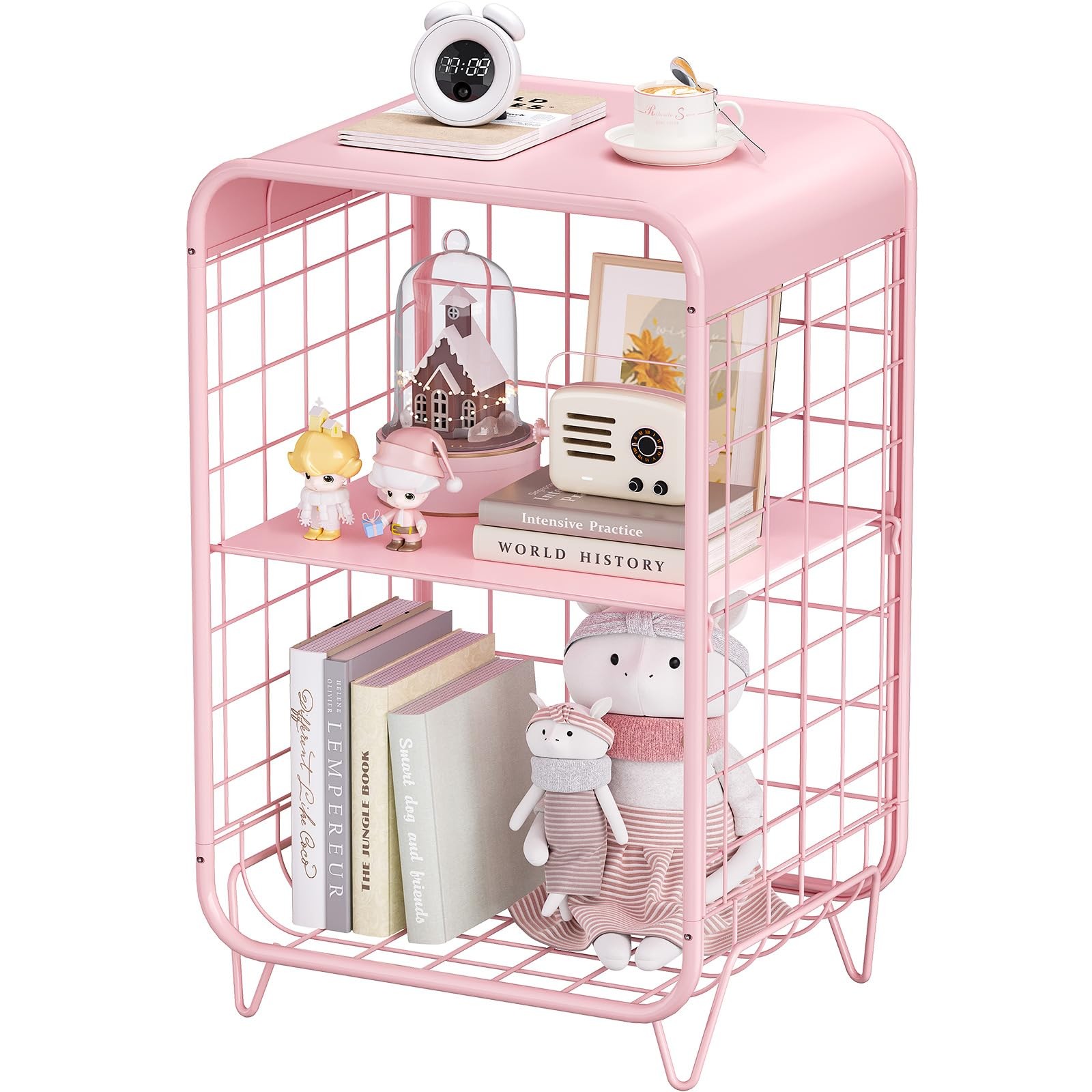 APEXCHASER Cute Kids Pink Nightstand,Metal Side Table,3 Tier End Table with S…